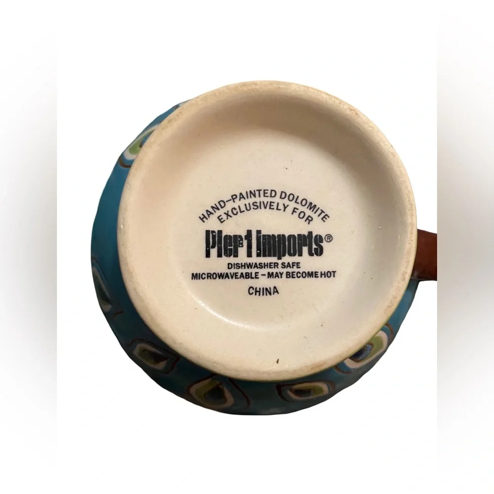 Pier 1 Imports Hand Painted Turquoise Dolomite Peacock‎ Pedestal Coffee/Tea Mug